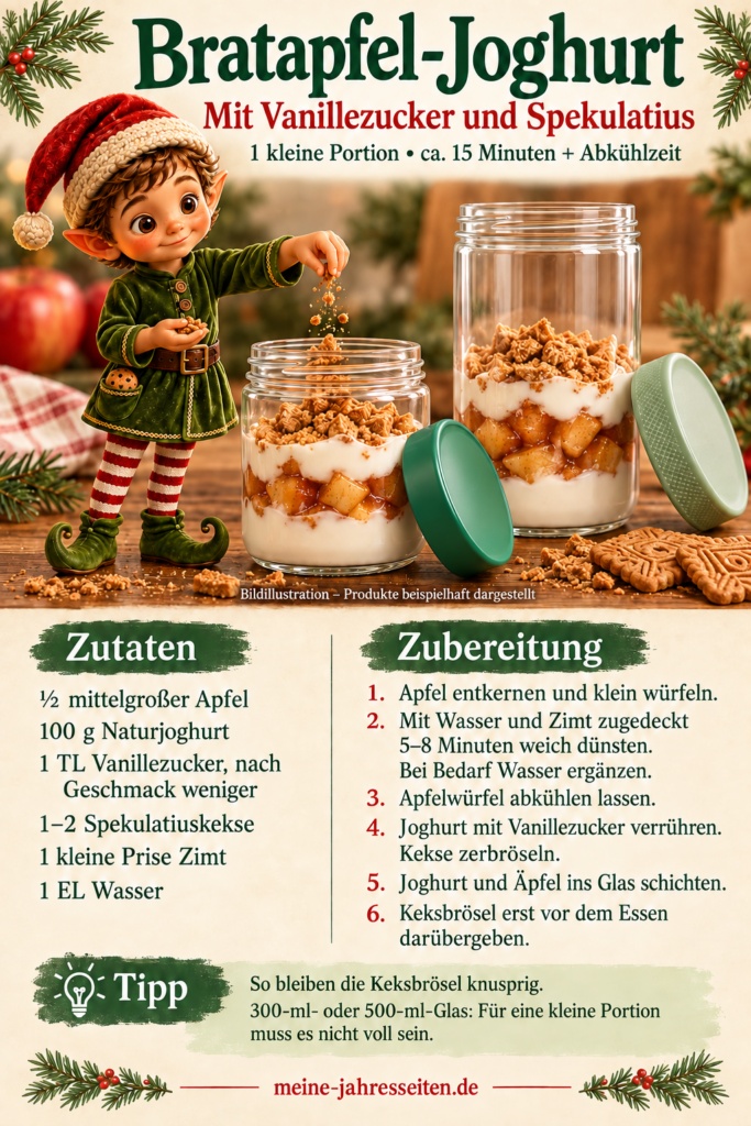 Bratapfel-Joghurt mit Vanillezucker und Spekulatius in Dessertgläsern neben dem Weihnachtself.