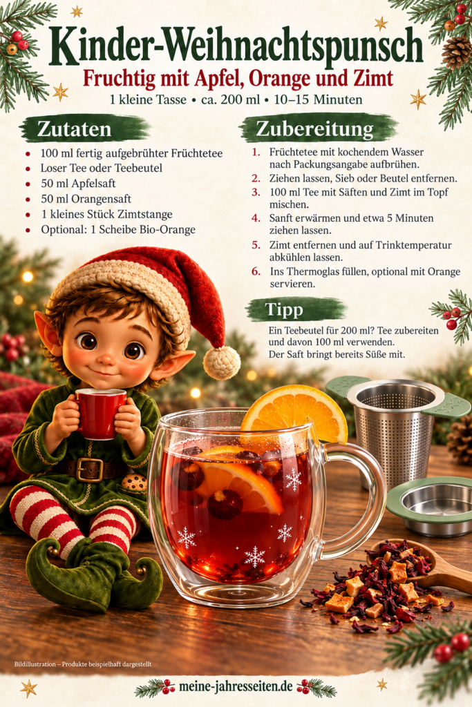 Rezeptgrafik für alkoholfreien Kinderpunsch mit Früchtetee, Apfelsaft und Orangensaft, begleitet vom Weihnachtself.