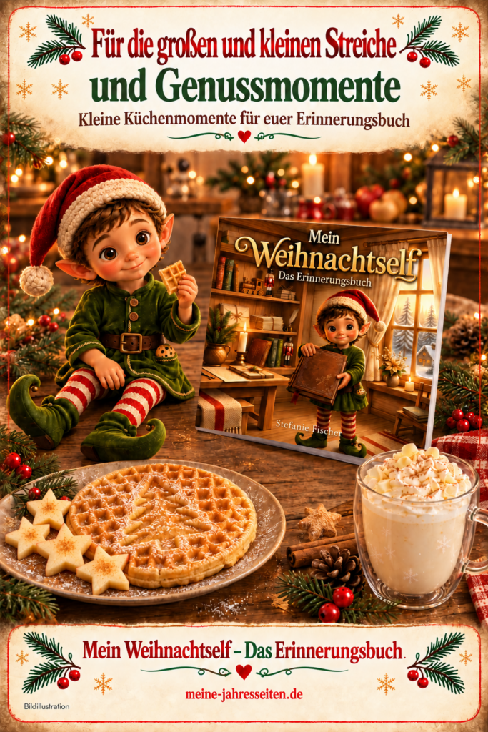 Mein Weihnachtself – Das Erinnerungsbuch neben dem Elf, Weihnachtswaffel, fünfzackigen Apfelsternen und Vanillemilch.