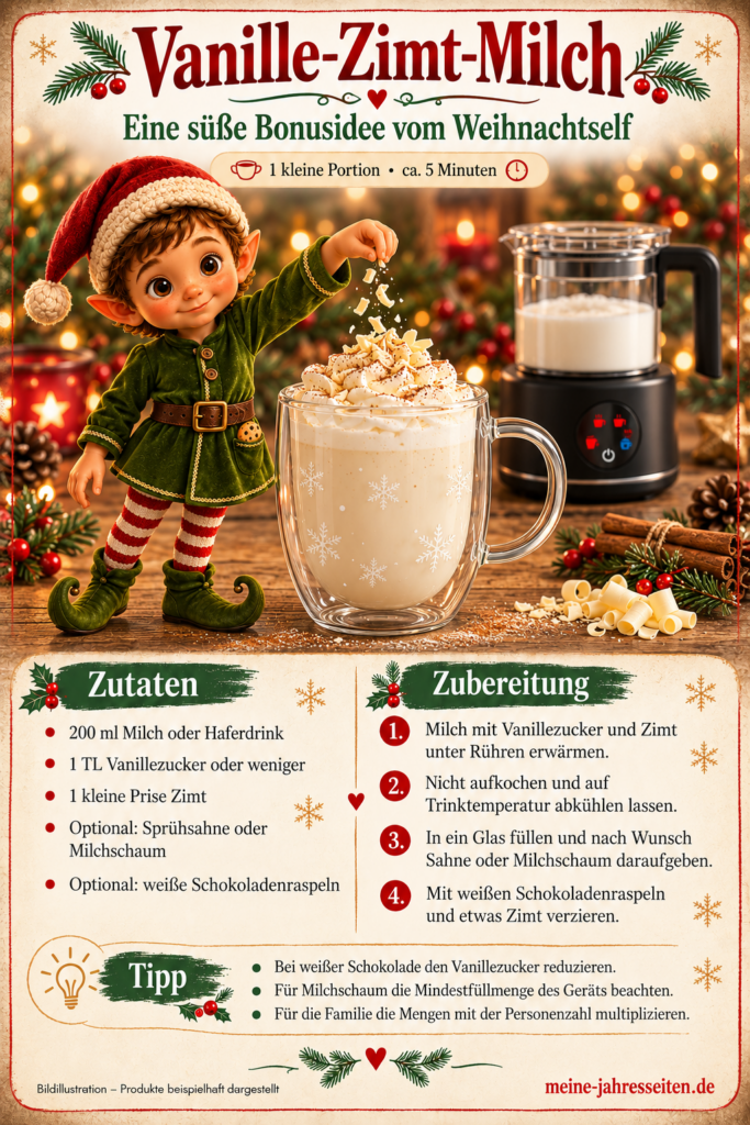 Weihnachtself streut weiße Schokoladenraspeln auf Vanille-Zimt-Milch mit Sahne im Thermoglas.
