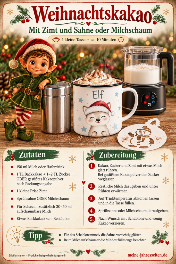 Weihnachtskakao mit Sahne in einer Elf-Tasse, daneben Weihnachtself, Kakaosieb und Schneemannschablone.