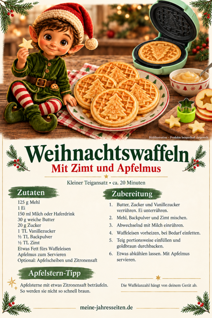 Weihnachtswaffeln mit Tannenmotiv und Apfelsternen, daneben Weihnachtself, Sternausstecher und Waffeleisen.